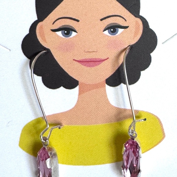 Silver and Pink Rhinestone Crystals Silver Plated Long Hook Earrings Item #355 - Picture 3 of 4